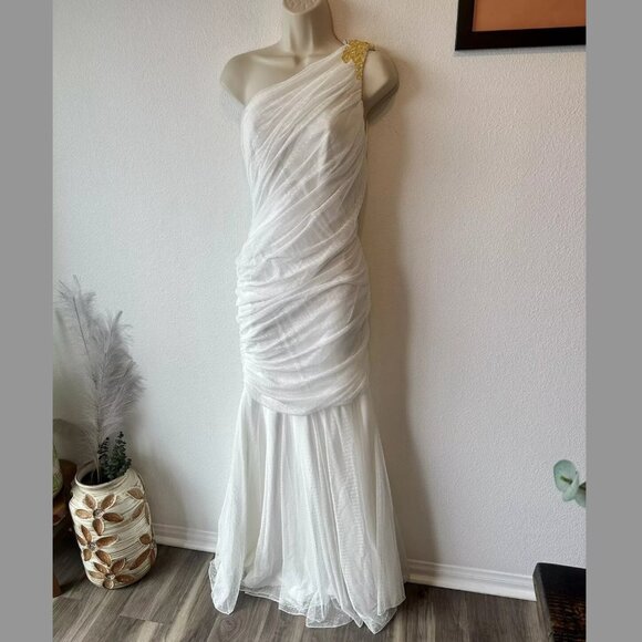 Tadashi Shoji NWT Sz 12 Ivory One Shoulder Ruched Mermaid Gown Lace Formal Bride - Picture 4 of 15